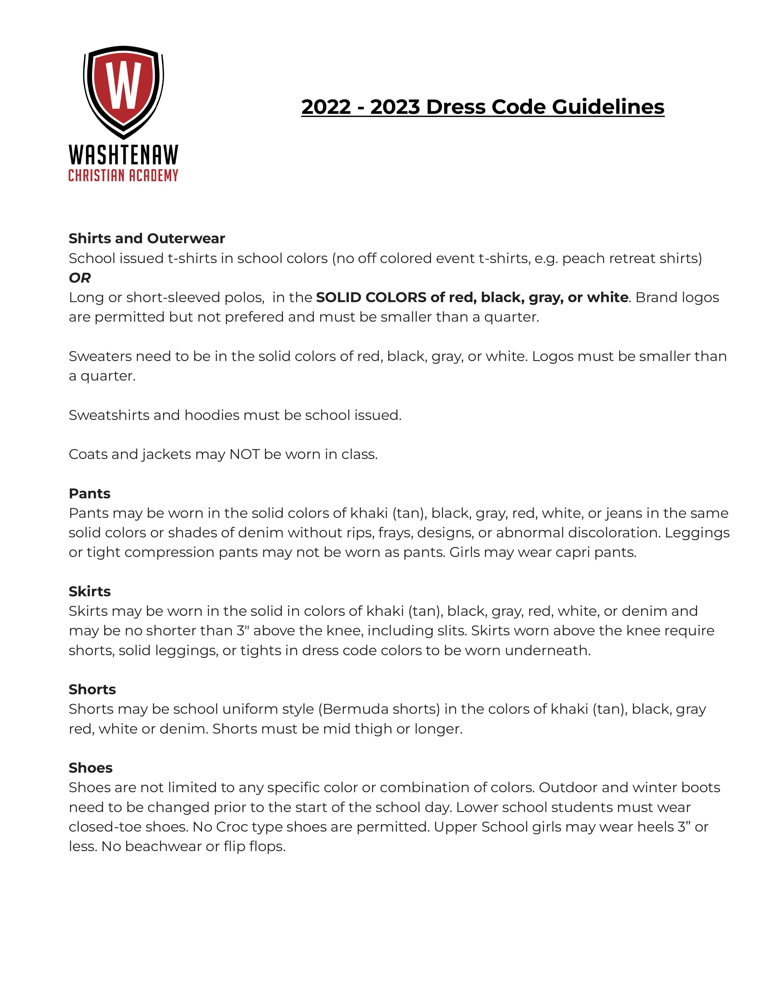 Dress Code Washtenaw Christian Academy